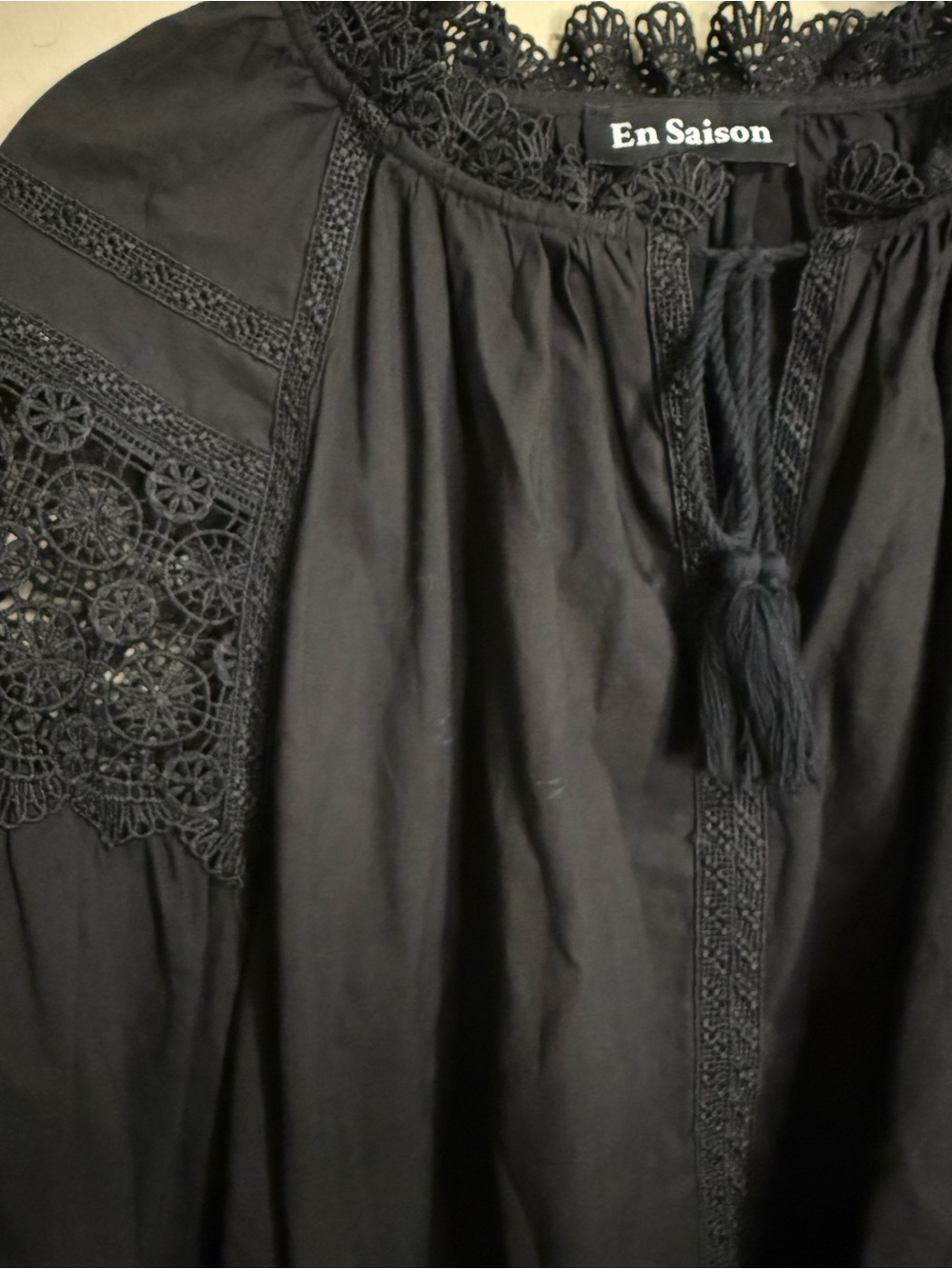 En Saison Black Lace Inset Peasant Blouse Balloon Sleeve - Picture 7 of 8